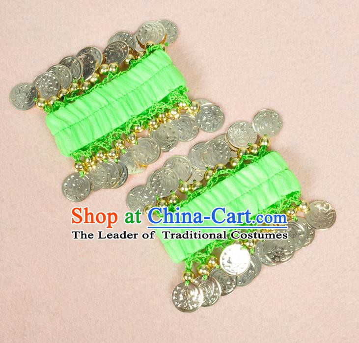 Oriental Indian Belly Dance Accessories Light Green Bracelets India Stage Performance Golden Coin Bangle for Women
