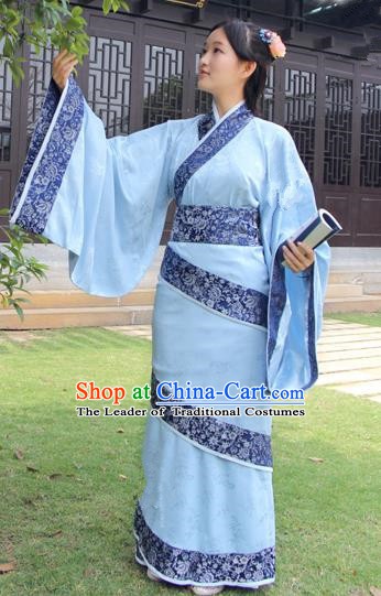 Chinese Ancient Han Dynasty Palace Princess Costume Hanfu Blue Curving-front Robe for Women