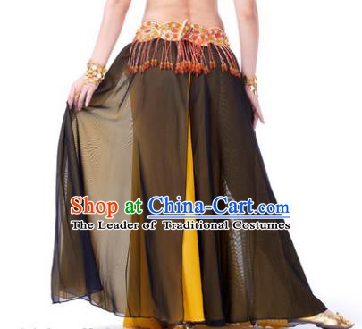 Asian Indian Belly Dance Costume Stage Performance Black and Yellow Skirt, India Raks Sharki Slit Dress for Women