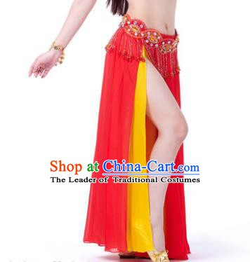 Asian Indian Belly Dance Costume Stage Performance Red and Yellow Skirt, India Raks Sharki Slit Dress for Women