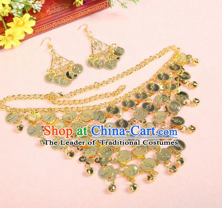 Asian Indian Belly Dance Accessories India National Dance Golden Necklace and Earrings for Women