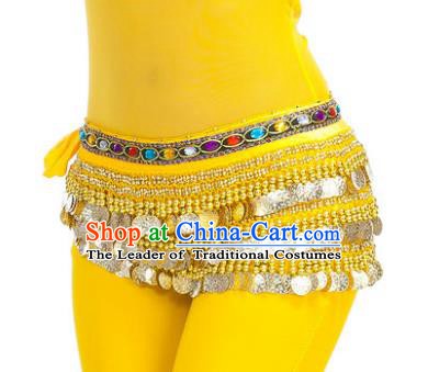 Asian Indian Belly Dance Paillette Yellow Waist Chain Tassel Waistband India Raks Sharki Belts for Women