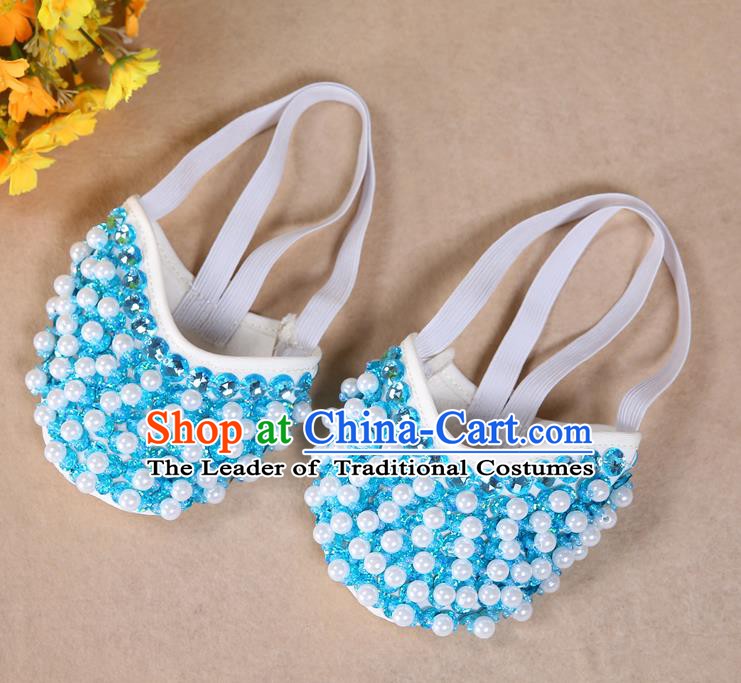 Asian Indian Belly Dance Shoes India Traditional Dance Light Blue Beads Soft Shoes for for Women