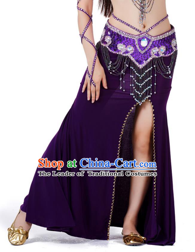 Top Indian Belly Dance Costume Purple Split Skirt, India Raks Sharki Clothing for Women