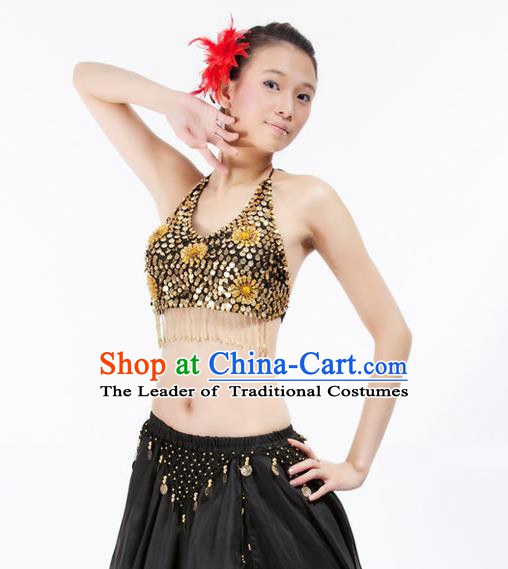 Top Indian Bollywood Belly Dance Costume Oriental Dance Golden Paillette Brassiere for Women