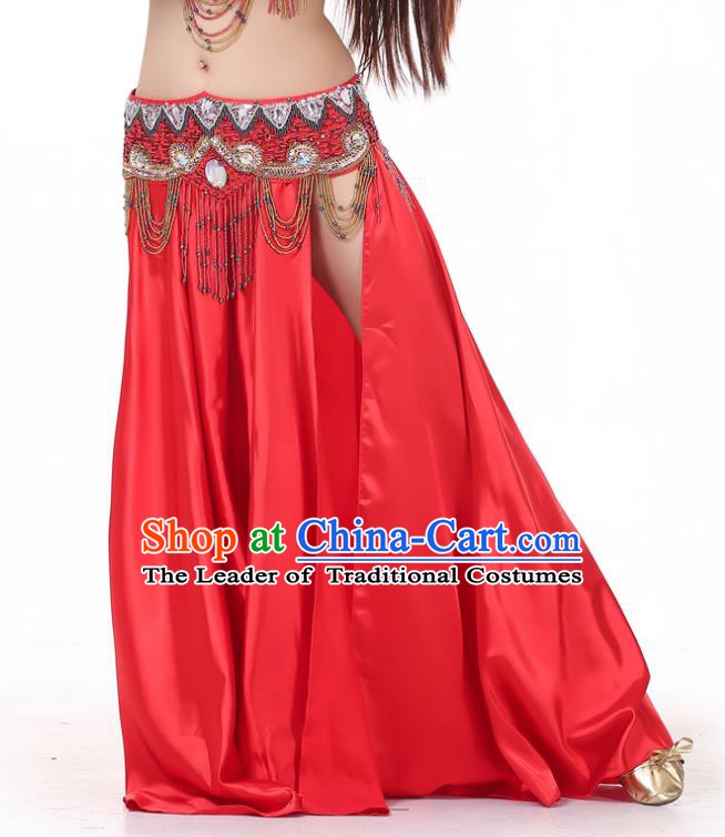 Indian Belly Dance Costume Bollywood Oriental Dance Red Satin Skirt for Women