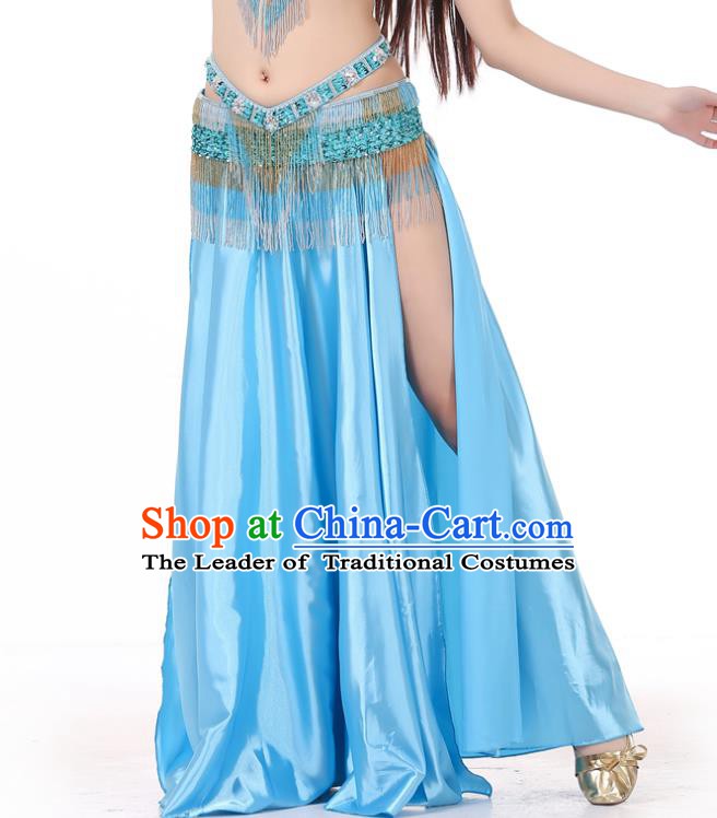 Indian Belly Dance Costume Bollywood Oriental Dance Blue Satin Skirt for Women