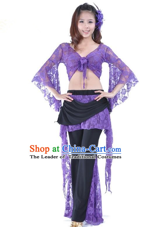 Indian Traditional Belly Dance Purple Lace Clothing Asian India Oriental Dance Costume for Women