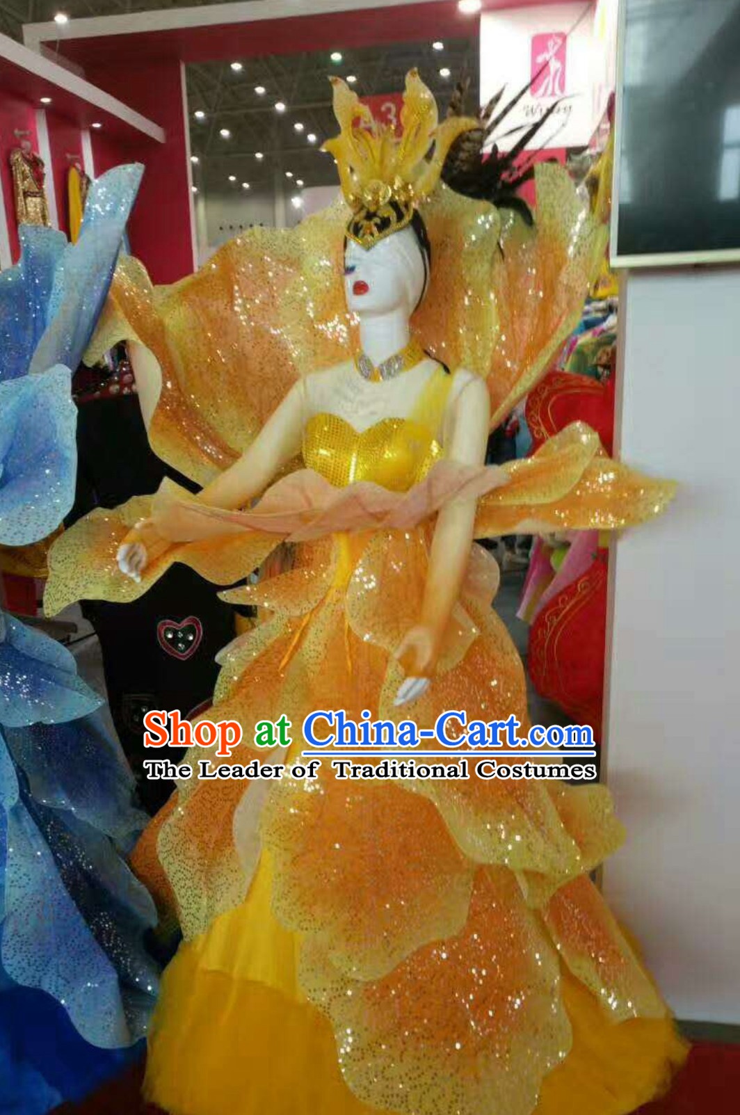 Yellow Chinese Classical Flower Dance Costume Dancing Costumes and Headpieces Complete Set for Women