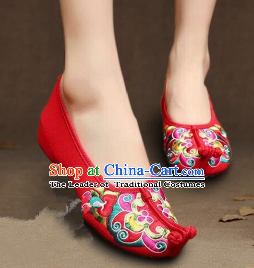 Asian Chinese Wedding Shoes Princess Shoes, Traditional China Handmade Hanfu Red Embroidered Shoes