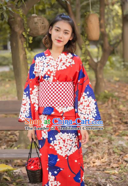 Asian Japanese Traditional Costumes Japan Kimono Red Bathrobe Clothing for Women