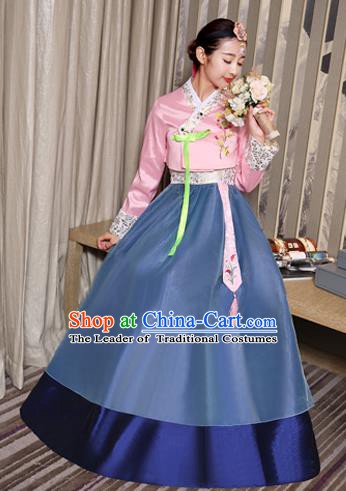 Asian Korean Dance Costumes Traditional Korean Hanbok Clothing Embroidered Pink Blouse and Blue Dress for Women