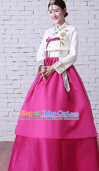 Asian Korean Dance Costumes Traditional Korean Hanbok Clothing Embroidered White Blouse and Rosy Dress for Women