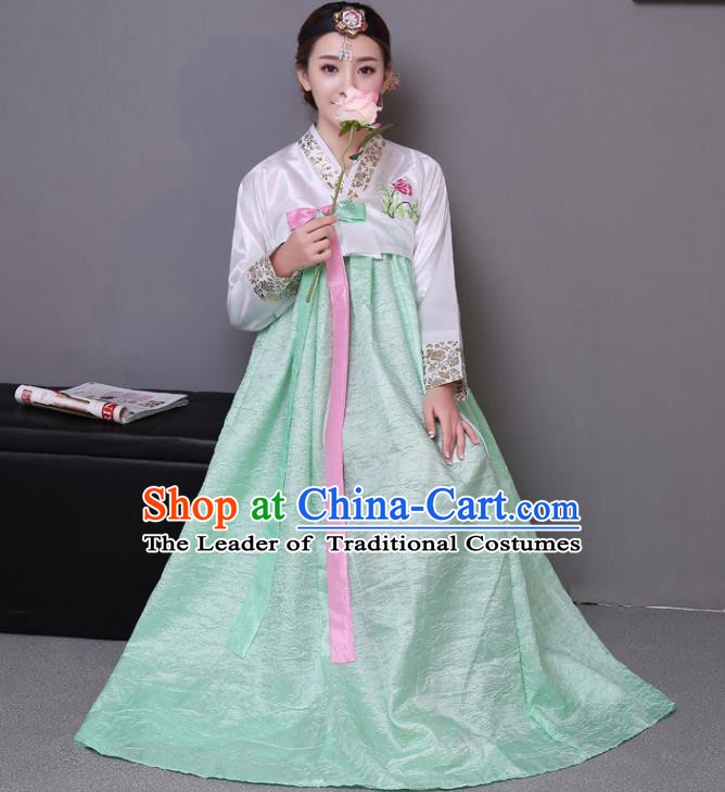 Asian Korean Dance Costumes Traditional Korean Hanbok Clothing Wedding White Blouse and Green Dress for Women