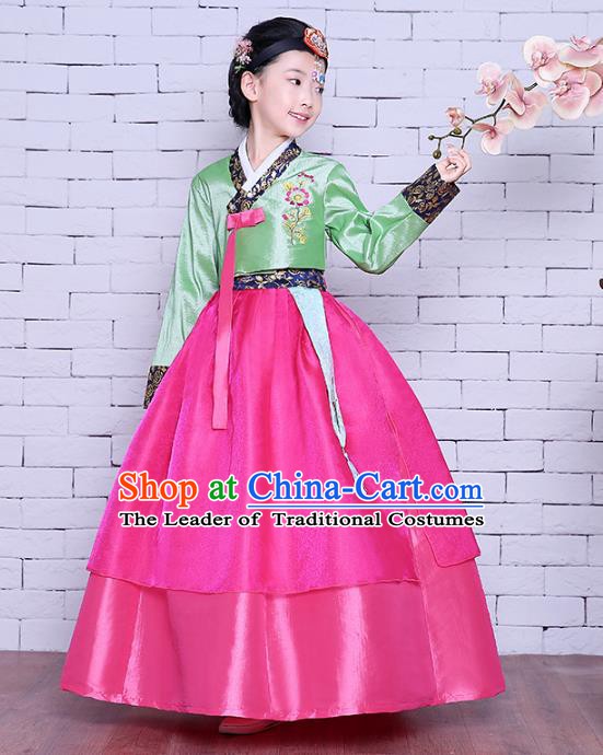 Asian Korean Dance Costumes Traditional Korean Children Hanbok Clothing Green Blouse and Rosy Dress for Kids