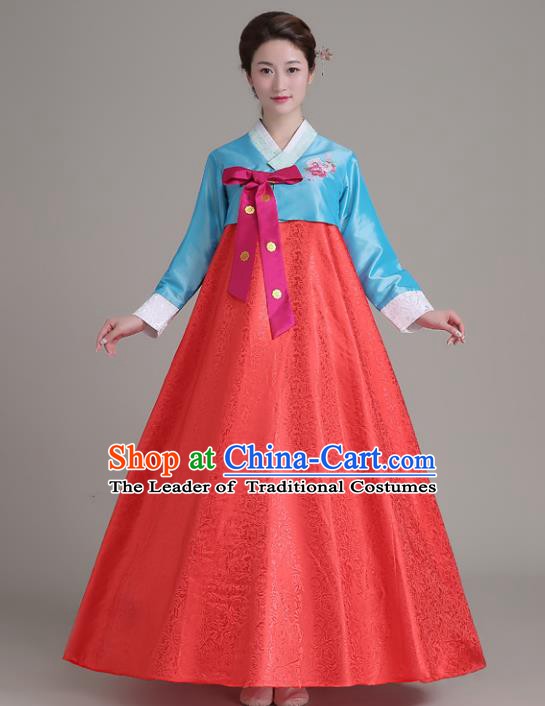 Asian Korean Court Costumes Traditional Korean Hanbok Clothing Blue Blouse and Red Dress for Women