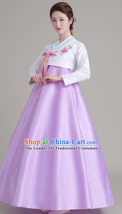 Asian Korean Court Costumes Traditional Korean Hanbok Clothing White Blouse and Lilac Dress for Women