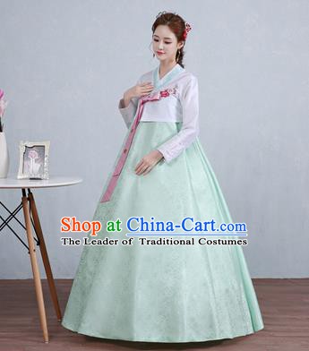 Asian Korean Court Costumes Traditional Korean Hanbok Clothing White Blouse and Green Dress for Women