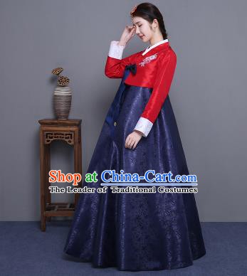 Asian Korean Court Costumes Traditional Korean Hanbok Clothing Red Blouse and Navy Dress for Women
