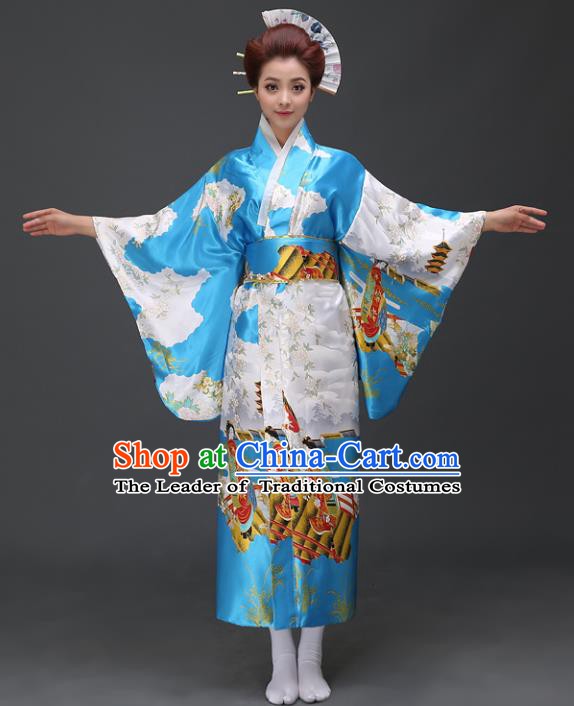 Asian Japanese Traditional Costumes Japan Printing Blue Satin Furisode Kimono Yukata Dress Clothing for Women