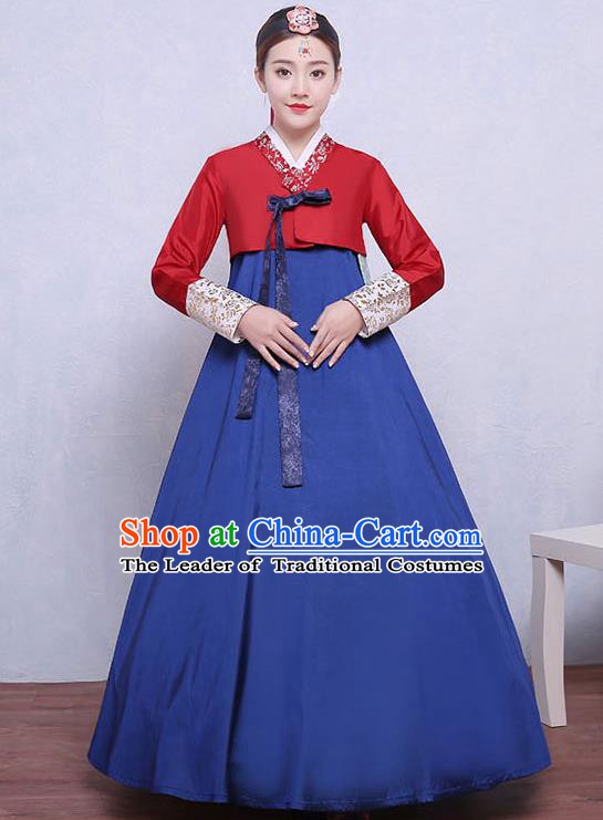 Asian Korean Dance Costumes Traditional Korean Dress Hanbok Clothing Red Blouse and Navy Skirt for Women
