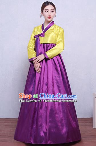 Asian Korean Dance Costumes Traditional Korean Hanbok Clothing Yellow Blouse and Purple Dress for Women