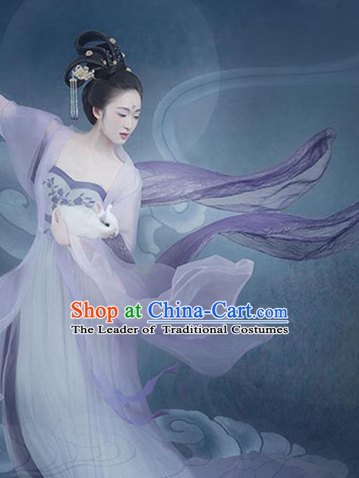 Chinese Traditional Ancient Palace Lady Fairy Chang'e Embroidered Dance Clothing and Headpiece Complete Set