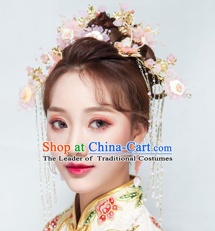 Chinese Handmade Classical Wedding Hair Accessories Ancient Xiuhe Suits Pink Flowers Phoenix Coronet Hairpins for Women