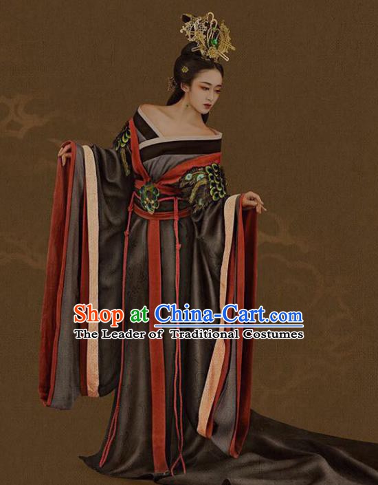 Traditional Chinese Ancient Imperial Empress Trailing Embroidered Costume and Headpiece Complete Set for Women