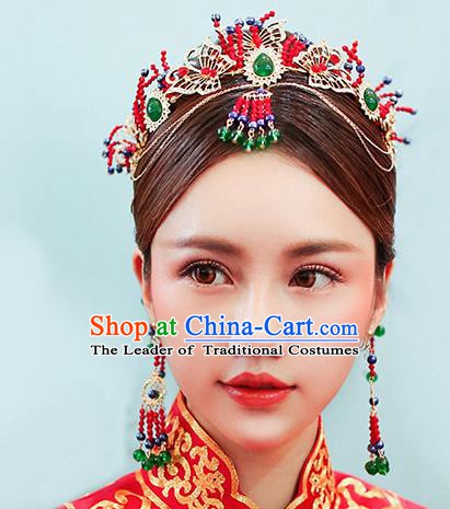 Chinese Handmade Classical Wedding Hair Accessories Ancient Phoenix Coronet Tassel Hairpins Step Shake for Women