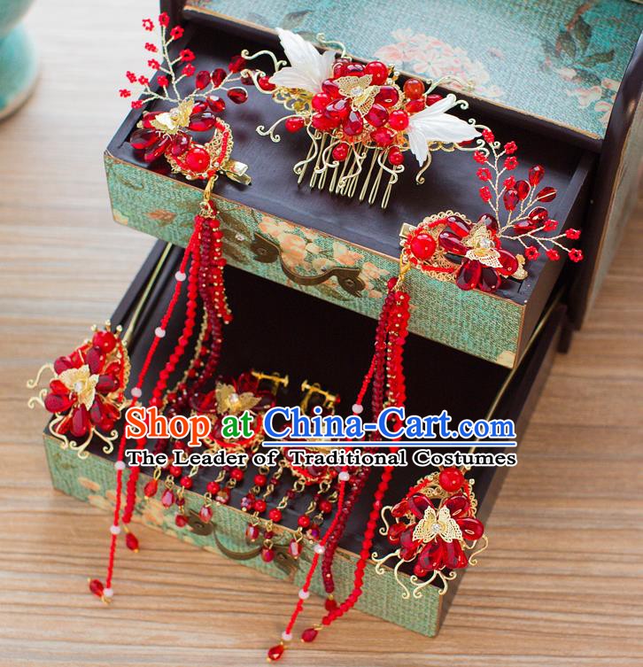Chinese Handmade Classical Hair Accessories Ancient Palace Red Beads Hair Comb Hairpins for Women