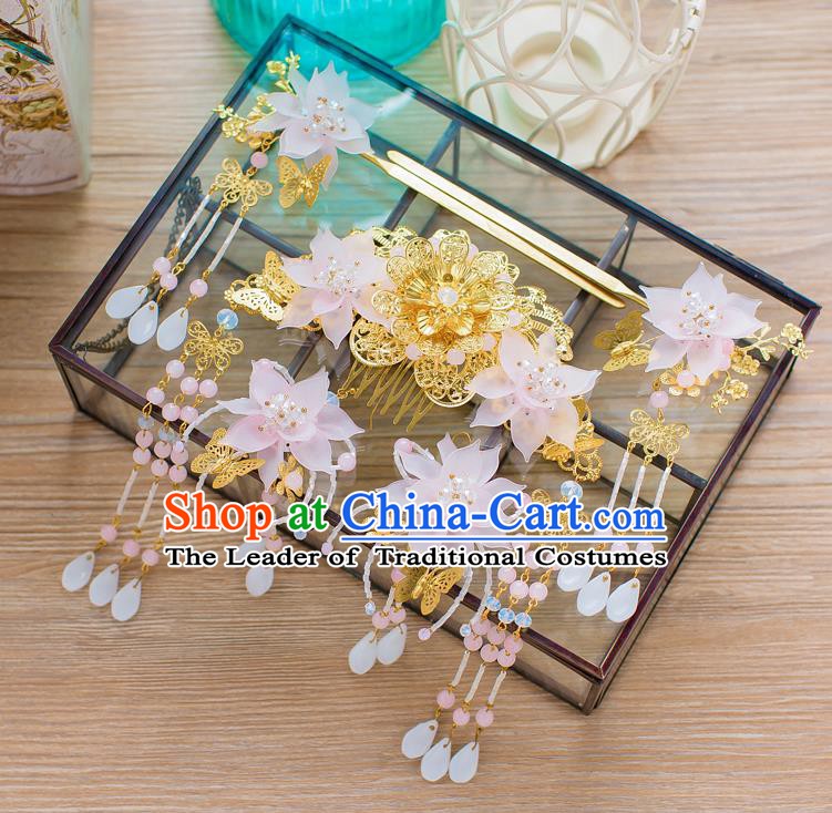 Chinese Handmade Classical Hair Accessories Ancient Palace Pink Lotus Hairpins Complete Set for Women