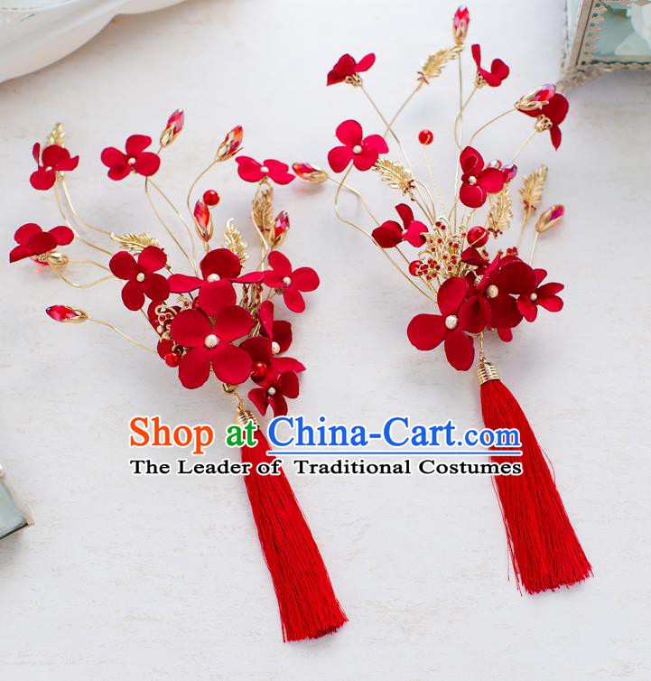 Handmade Classical Wedding Hair Accessories Bride Red Flowers Tassel Hair Stick Headwear for Women