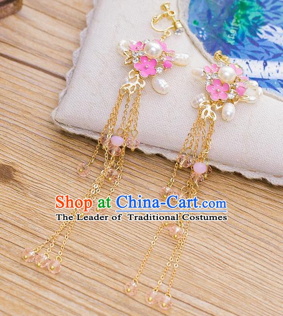 Handmade Classical Wedding Accessories Bride Pink Flowers Pearls Earrings for Women