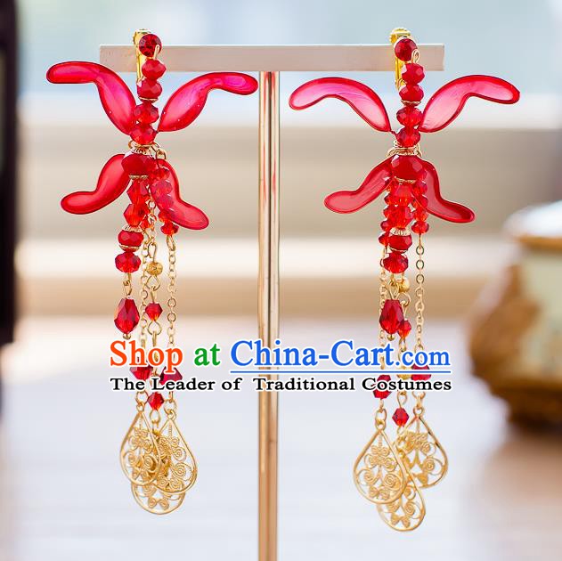 Handmade Classical Wedding Accessories Bride Red Tassel Earrings for Women