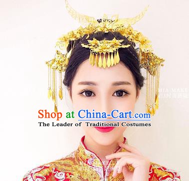 Chinese Handmade Classical Hair Accessories Ancient Xiuhe Suit Golden Phoenix Coronet Hair Clip Tassel Hairpins for Women