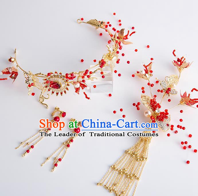 Handmade Classical Wedding Hair Accessories Bride Red Crystal Hair Clasp and Earrings Headwear for Women