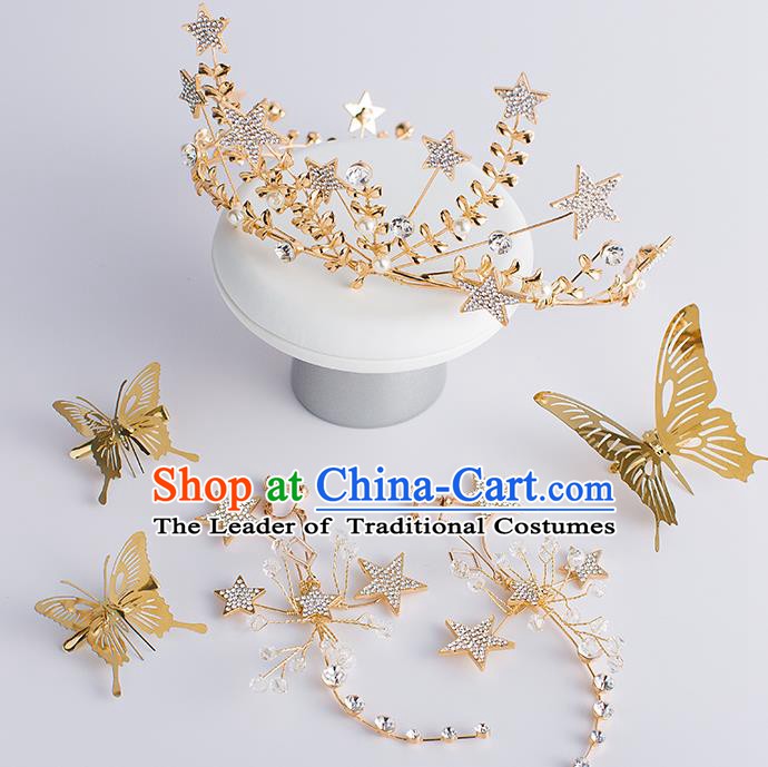 Handmade Classical Hair Accessories Baroque Bride Golden Butterfly Royal Crown Hair Stick Headwear for Women