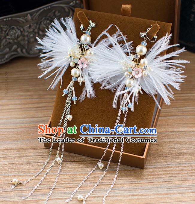 Handmade Classical Wedding Accessories Earrings Baroque Bride White Feather Ear Pendant for Women
