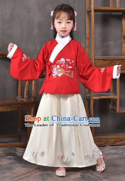 Traditional China Ming Dynasty Ancient Princess Costume Embroidered Blouse and Skirt for Kids