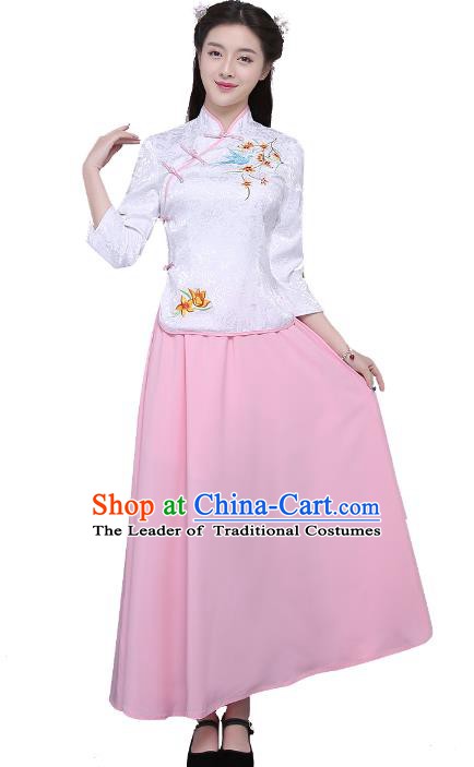 Traditional Republic of China Nobility Lady Costume Embroidered Cheongsam White Blouse and Pink Skirts for Women