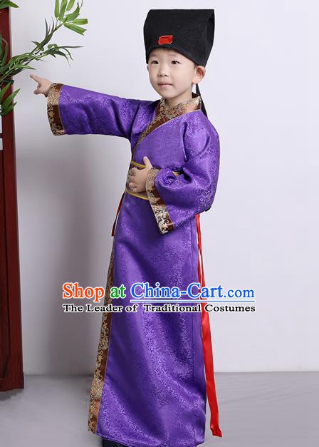 Traditional China Han Dynasty Minister Purple Costume, Chinese Ancient Chancellor Hanfu Clothing for Kids