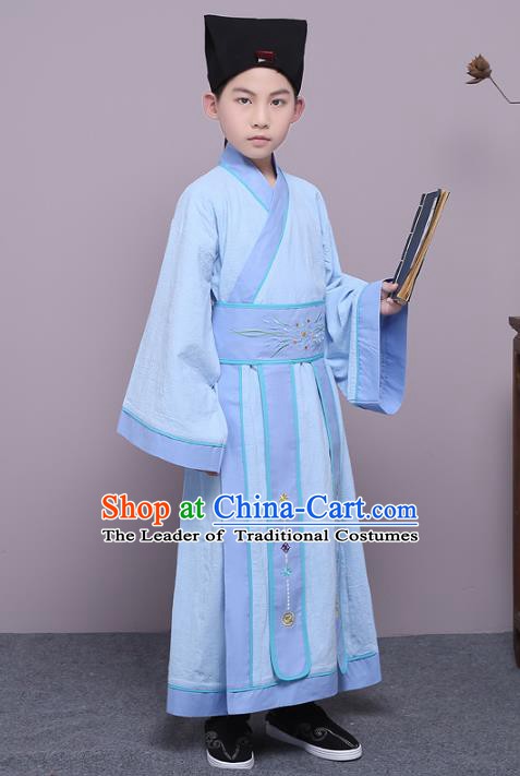 Traditional China Han Dynasty Minister Costume, Chinese Ancient Scholar Hanfu Blue Robe Clothing for Kids