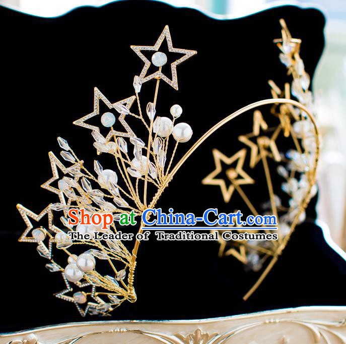 Handmade Classical Hair Accessories Baroque Bride Crystal Stars Golden Royal Crown Headwear for Women