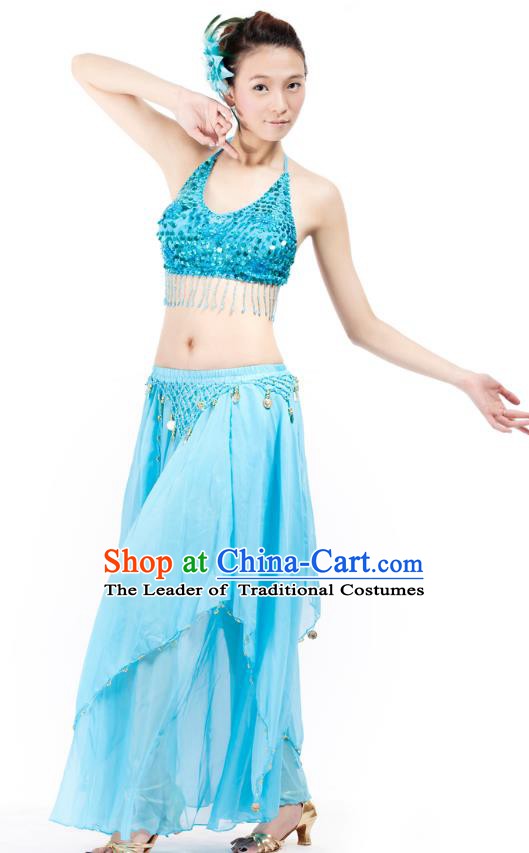 Indian Bollywood Belly Dance Blue Tassel Dress Clothing Asian India Oriental Dance Costume for Women