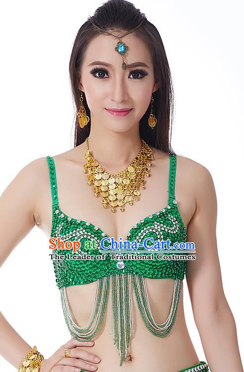 Indian Bollywood Belly Dance Green Tassel Brassiere Asian India Oriental Dance Costume for Women
