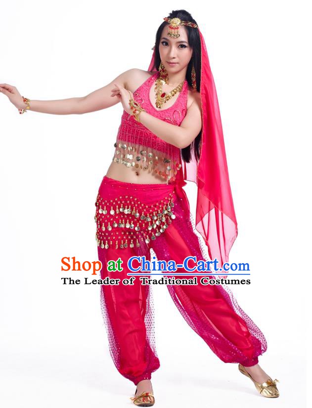 Traditional Indian Belly Dance Sequined Rosy Dress Asian India Oriental Dance Costume for Women