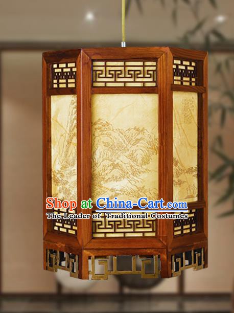 Traditional Chinese Landscape Painting Palace Lanterns Handmade Wood Hanging Lantern Ancient Ceiling Lamp