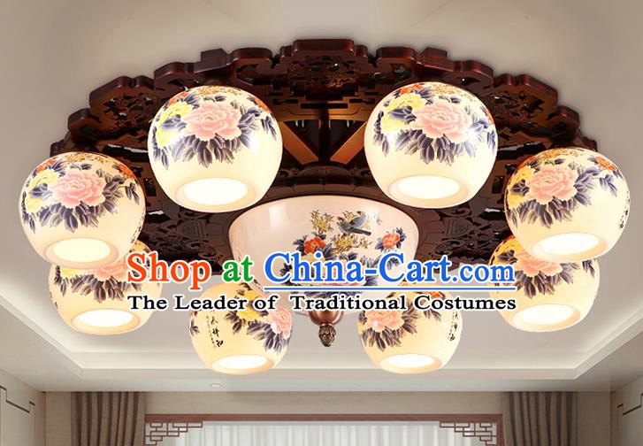 Traditional Chinese Painting Peony Ceiling Palace Lanterns Handmade Eight-Lights Porcelain Lantern Ancient Lamp