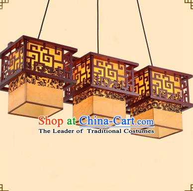 Traditional Chinese Three-Lights Palace Lanterns Handmade Wood Hanging Lantern Ancient Ceiling Lamp